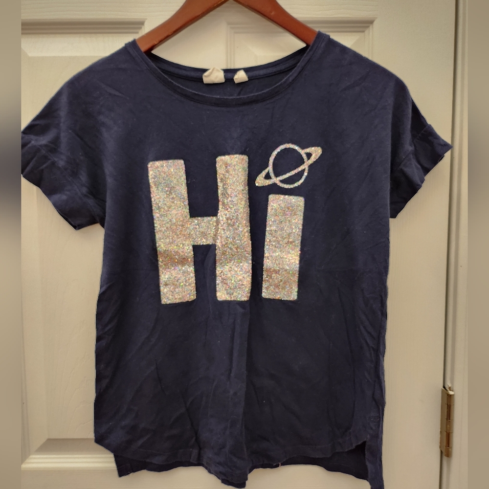 Gap Girl’s Glitter Galaxy Graphic Tee Short Sleeves Size XXL 14-16 Navy Blue